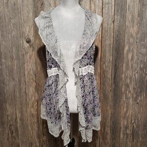 A'reve L Women' Vest Kimono top Gray Floral Lace Crochet Boho Cottage Flowy